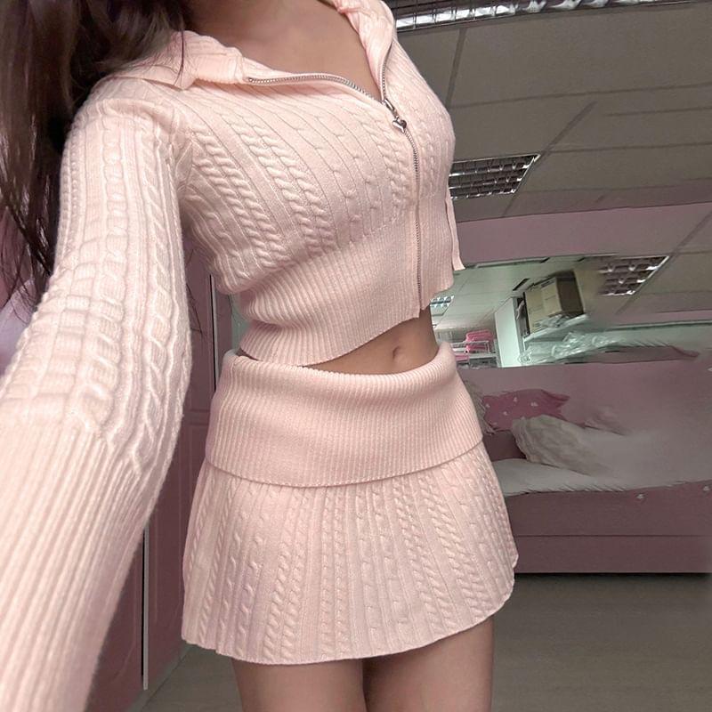 Low Waist Plain Cable-Knit Mini A-Line Skirt Product Image