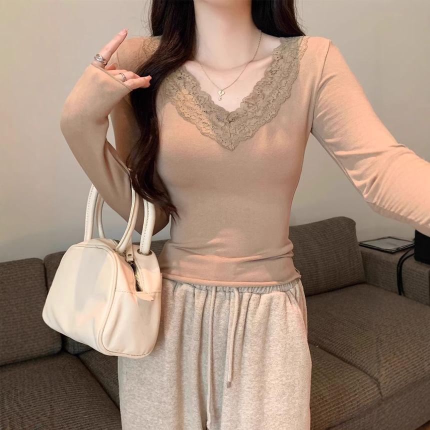 Long Sleeve V-Neck Lace-Trim Plain Slim-Fit Top Product Image