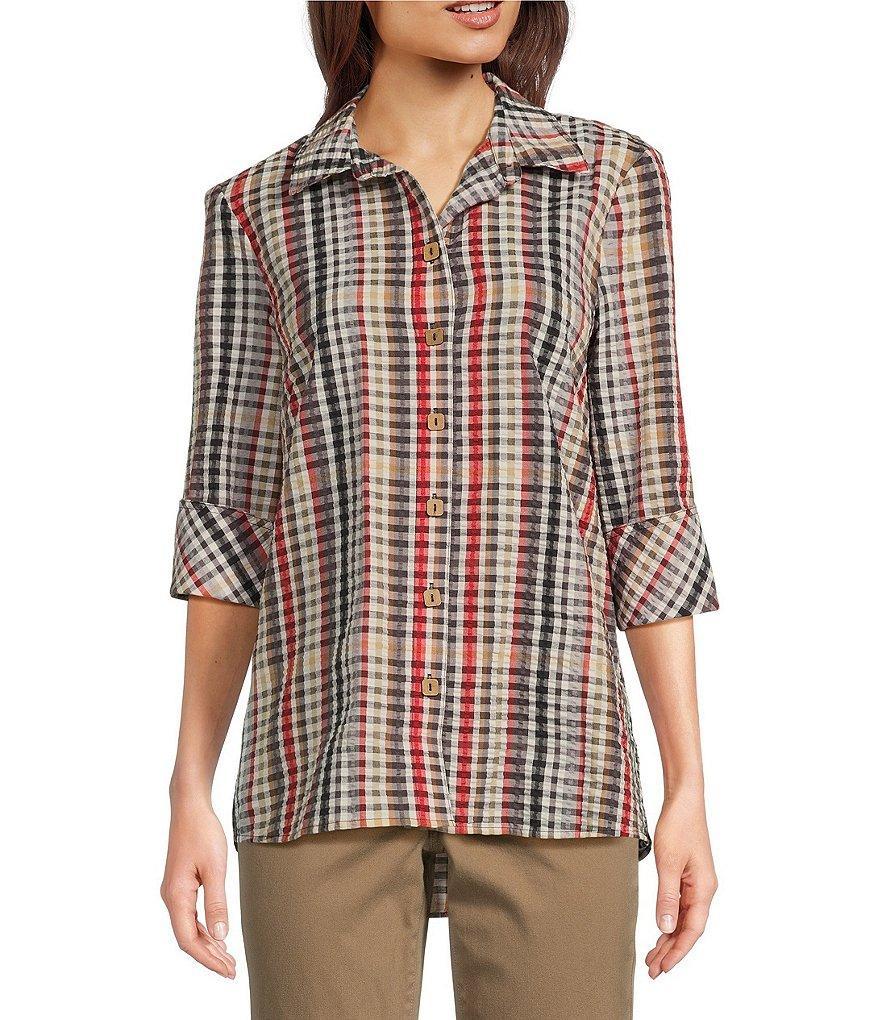 Ali Miles Plaid Point Collar 3/4 Sleeve Button Down Top Product Image