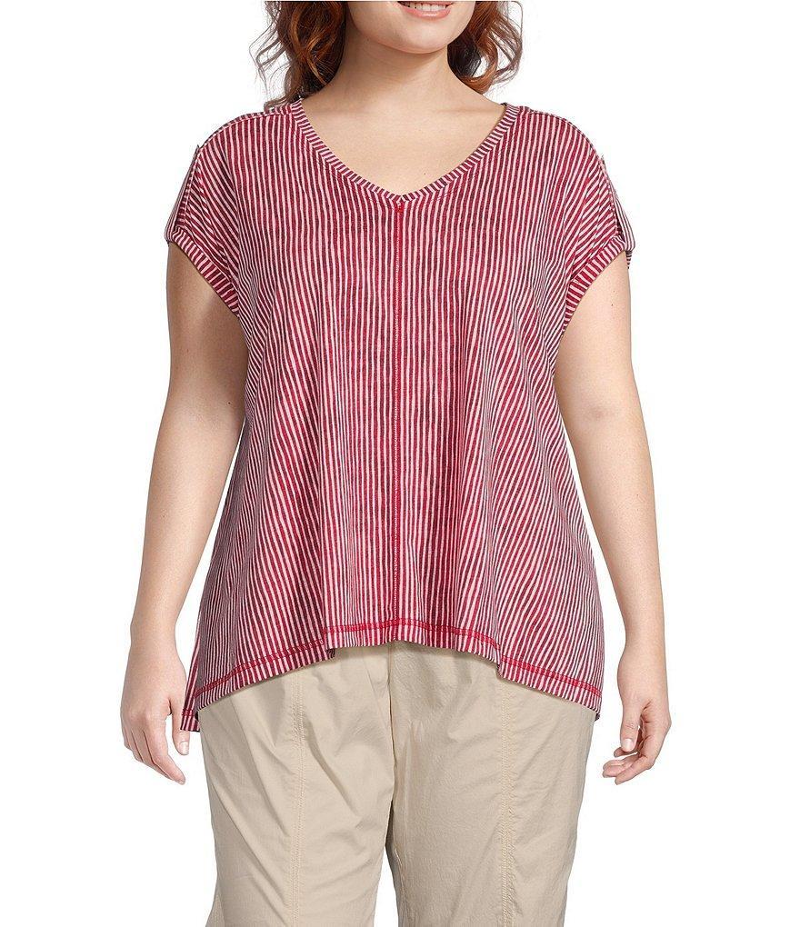 Westbound Plus Size Knit Vertical Stripe Short Sleeve V-Neck Drop Shoulder Top Product Image