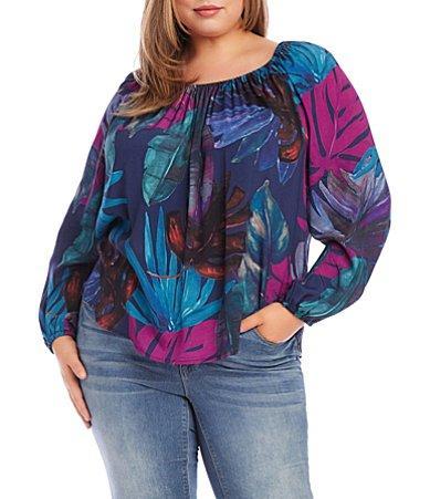 Karen Kane Blouson Sleeve Peasant Top (Print) Women's Clothing Product Image