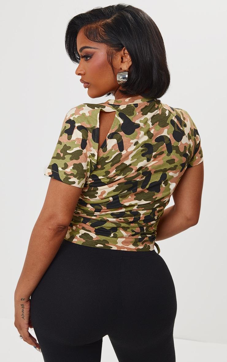 Shape Green Cotton Camo Print Cut Out Ruched Top Product Image