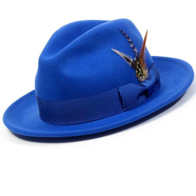 Wool Felt Fedora Pinch Front with Feather Accent in Royal Product Image