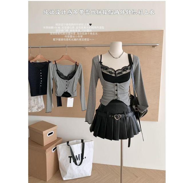 Mock Two-Piece Long-Sleeve Square Neck Button-Up Crop Top Product Image