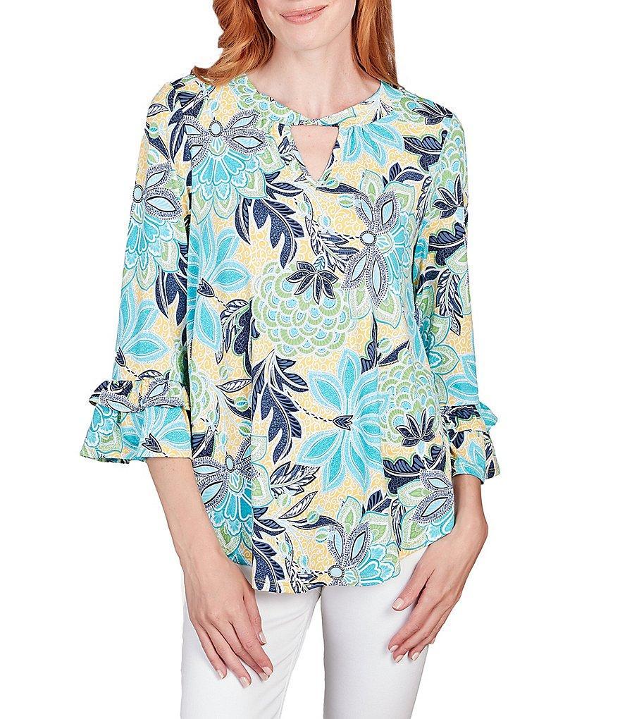 Ruby Rd. Floral Print Knit Keyhole Twist Neck 3/4 Double Flounce Sleeve Top Product Image