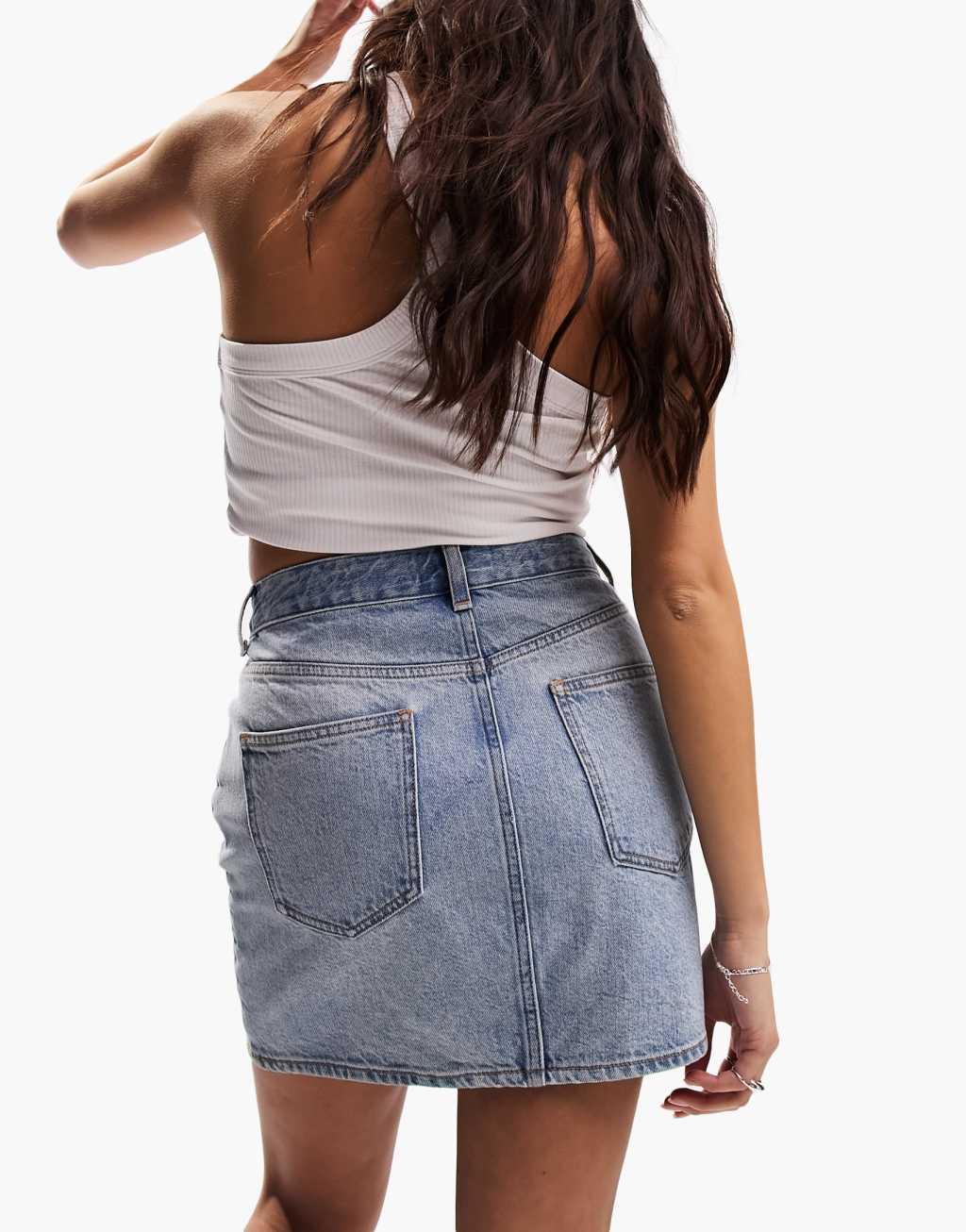 ASOS DESIGN Petite denim high waist mini skirt in midwash blue Product Image