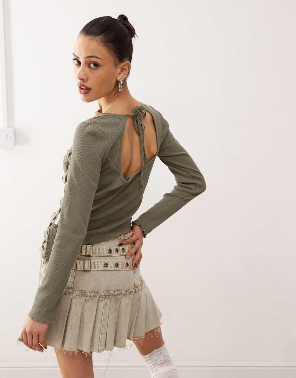 Reclaimed Vintage long sleeve lace patchwork top in olive green Product Image