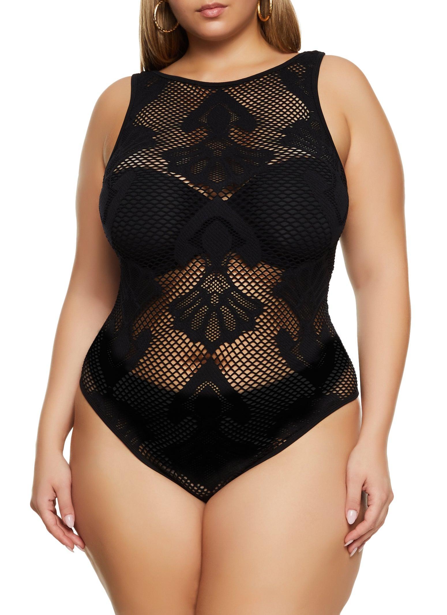 Womens Plus Size Seamless Fishnet Patterned Bodysuit Product Image