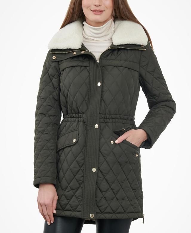 Michael Michael Kors Womens Petite Faux-Fur-Collar Quilted Coat Product Image