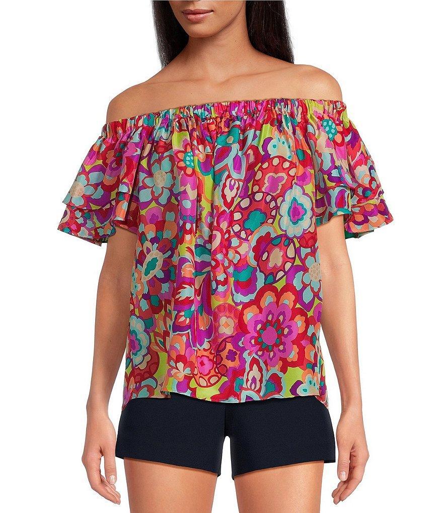 Trina Turk Silia Silk Summer Floral Print Off-The-Shoulder Short Tiered Sleeve Top Product Image