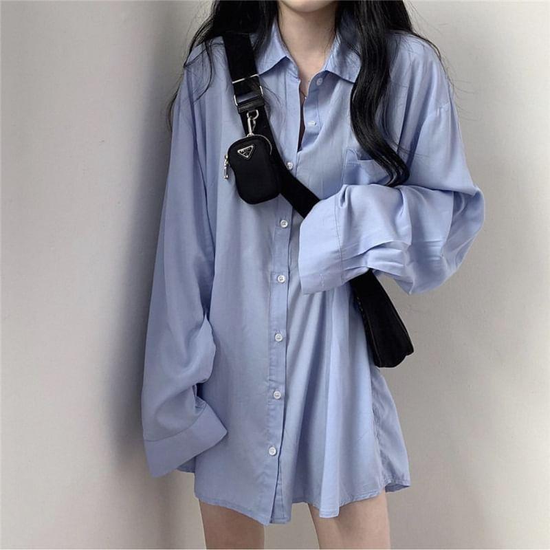 Long Sleeve Collared Plain Shirt Product Image