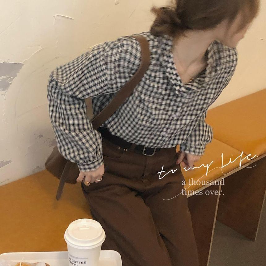 Long-Sleeve band Collar Plaid Shirt Product Image