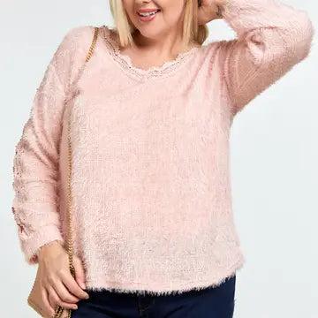 Pink Fuzzy V Neck Long Sleeve Knit Sweater Female Product Image