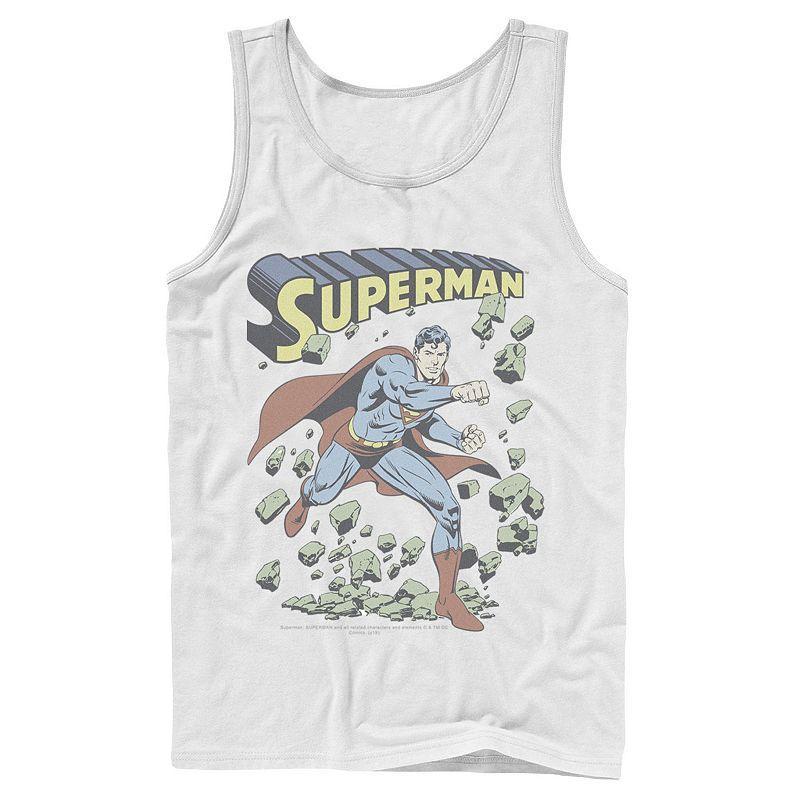 Mens DC Comics Superman With Rocks Vintage Poster Tank Top Grey Product Image