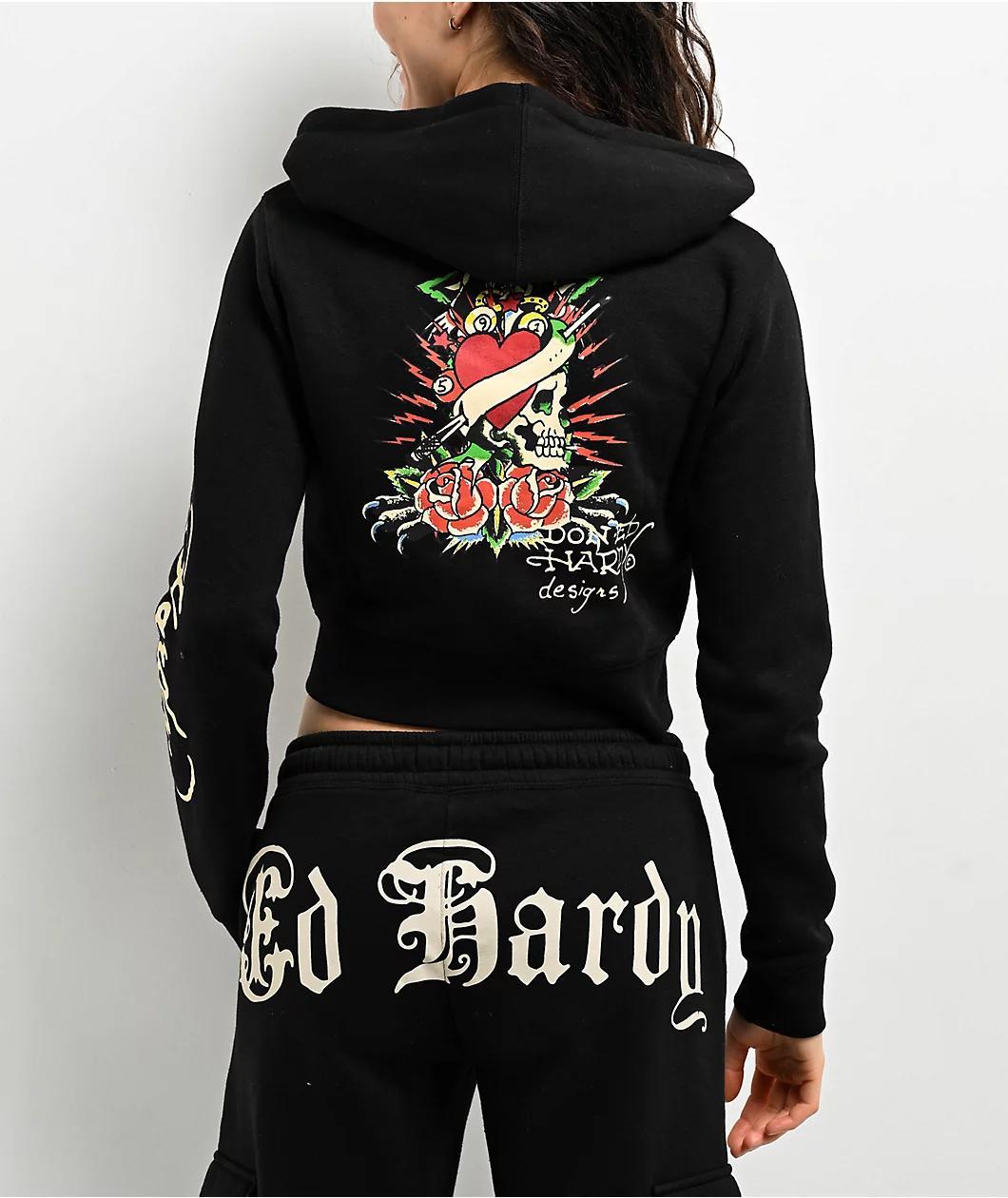 Ed Hardy Rose Skull Black Crop Zip Hoodie Product Image