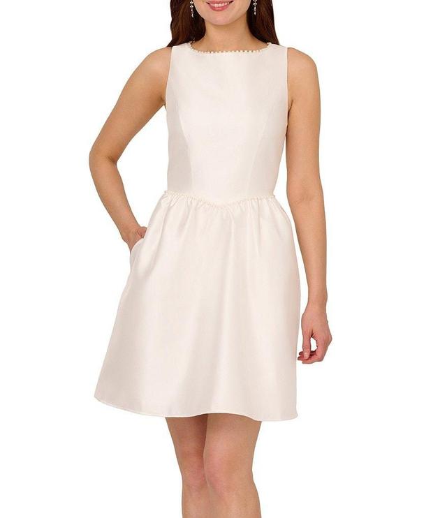 Adrianna Papell Mikado Pearl Trim Boat Neck Sleeveless Mini Dress Product Image