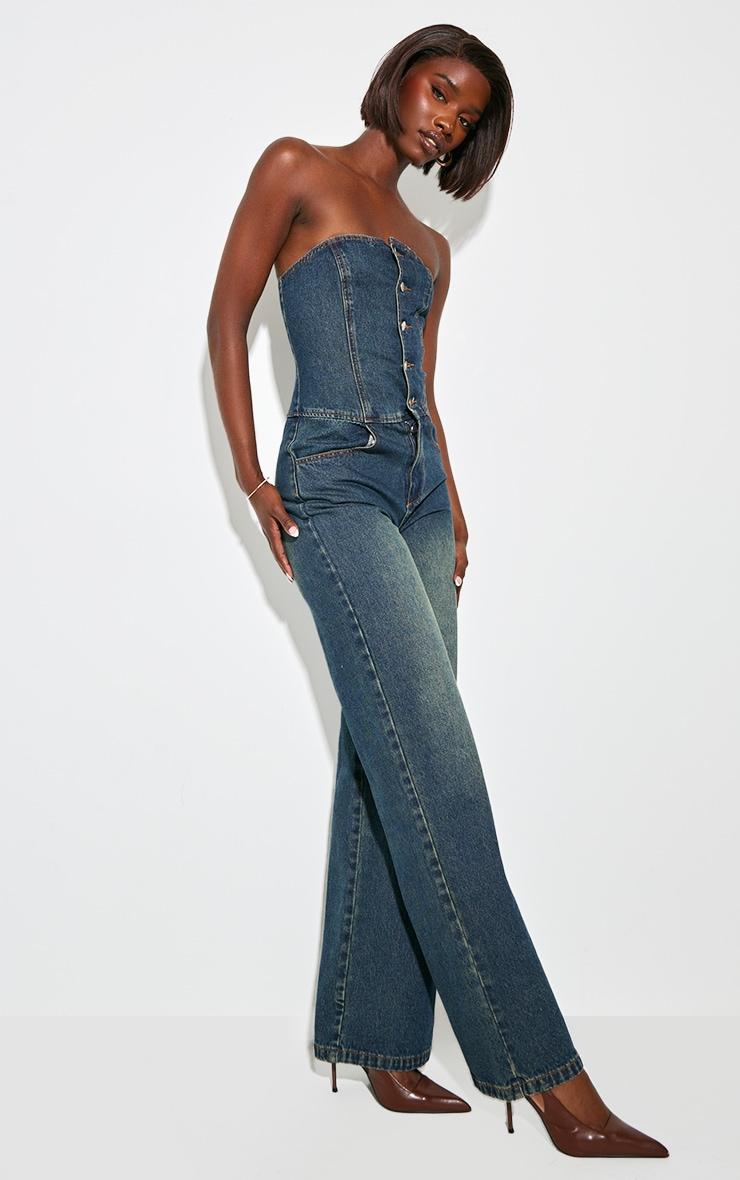 Tall Dark Indigo Bandeau Wide Leg Denim Jumpsuit Product Image