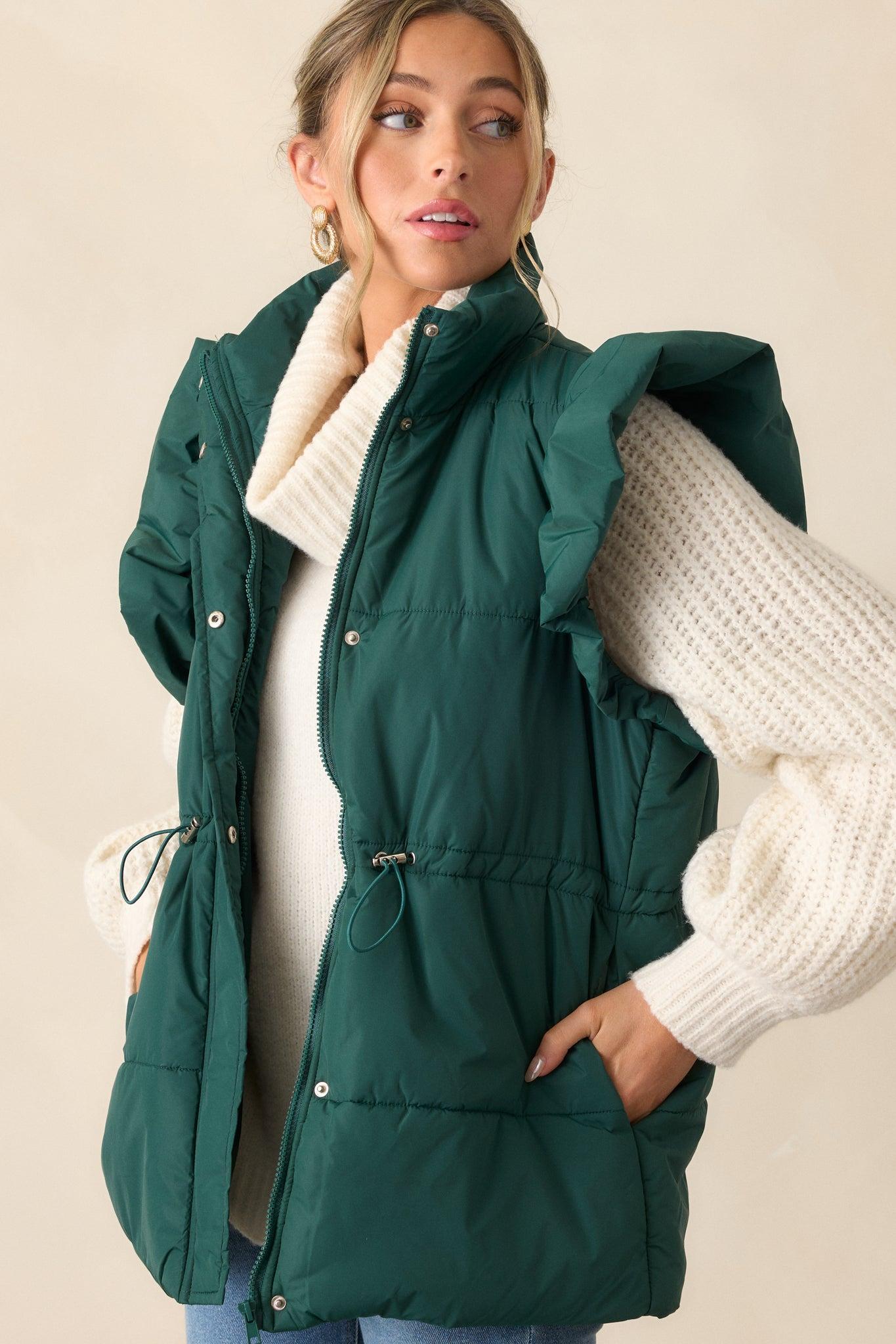 Cherry On Top Forest Green Flutter Sleeve Puffer Vest Product Image