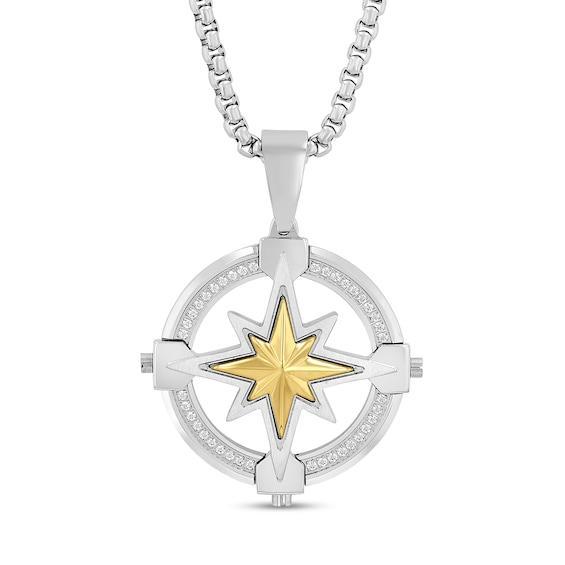 Men's 1/4 CT. T.w. Diamond Compass Pendant in Stainless Steel and Yellow Ion Plate - 24" Product Image