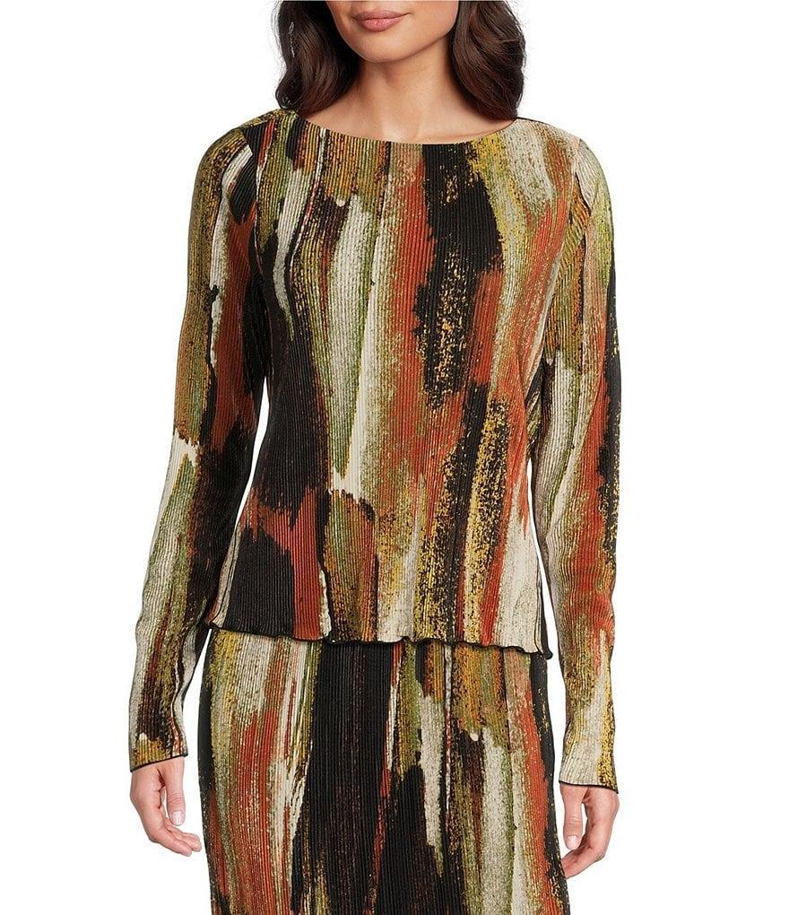 DKNY by Donna Karan Printed Plisse Long Sleeve Boat Neck Top Product Image