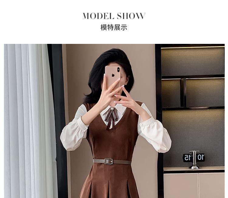 Long-Sleeve Collared Mock Two Piece Midi A-Line Dress Product Image