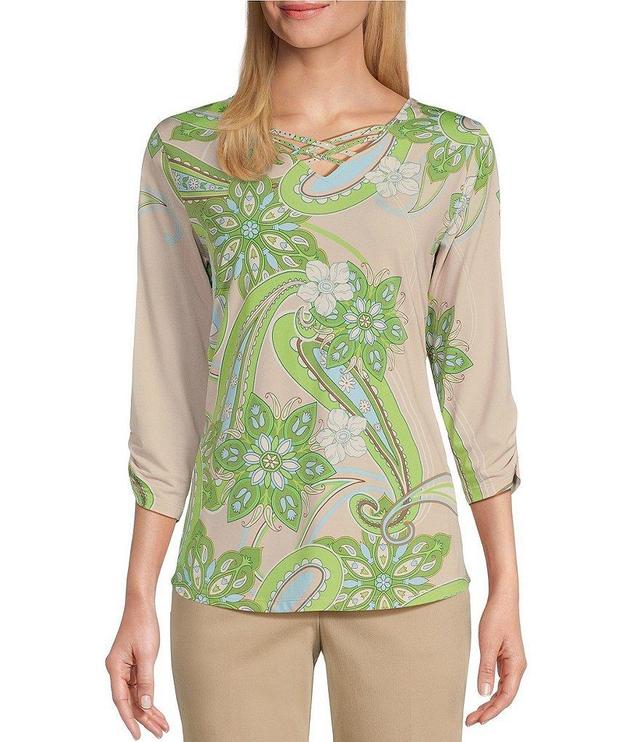 Allison Daley Petite Size Paisley Print 3/4 Ruched Sleeve Criss-Cross V-Neck Knit Top Product Image