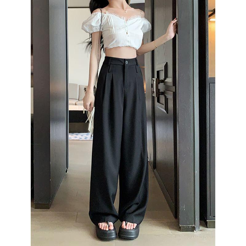 High Rise Plain Wide Leg Dress Pants Product Image