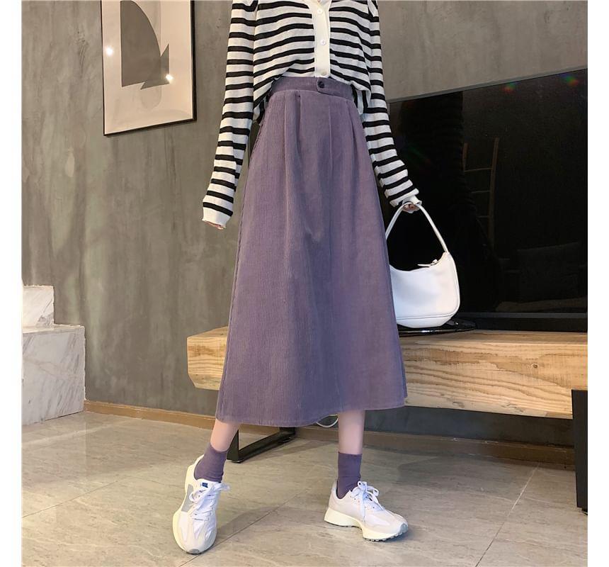 High-Waist Corduroy A-Line Midi Skirt Product Image