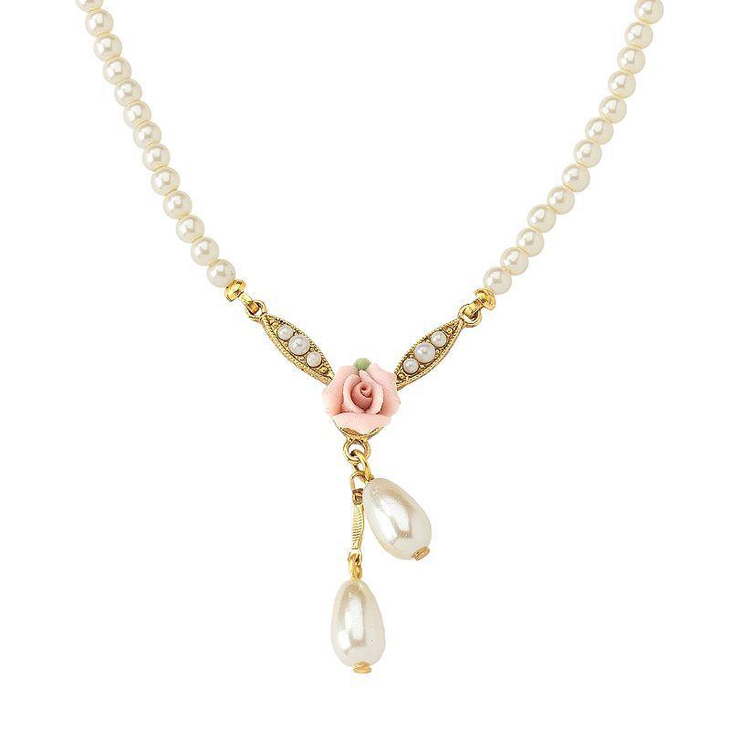 1928 Gold-Tone Simulated Pearl & Rose Necklace, Womens, White Product Image