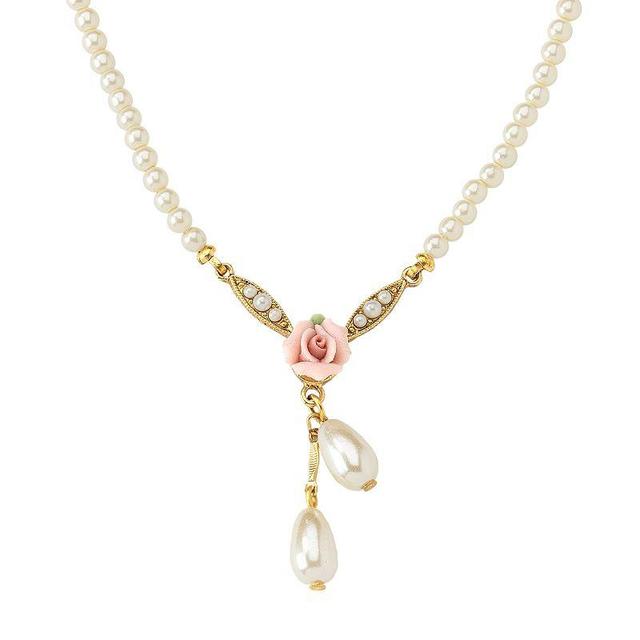 1928 Gold-Tone Simulated Pearl & Rose Necklace, Womens, Pink Product Image