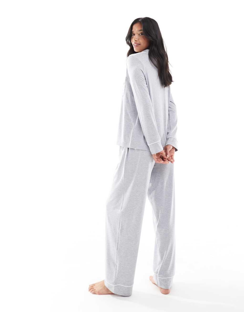 ASOS DESIGN Petite super soft long sleeve shirt & pants pajama set with contrast piping in gray Product Image