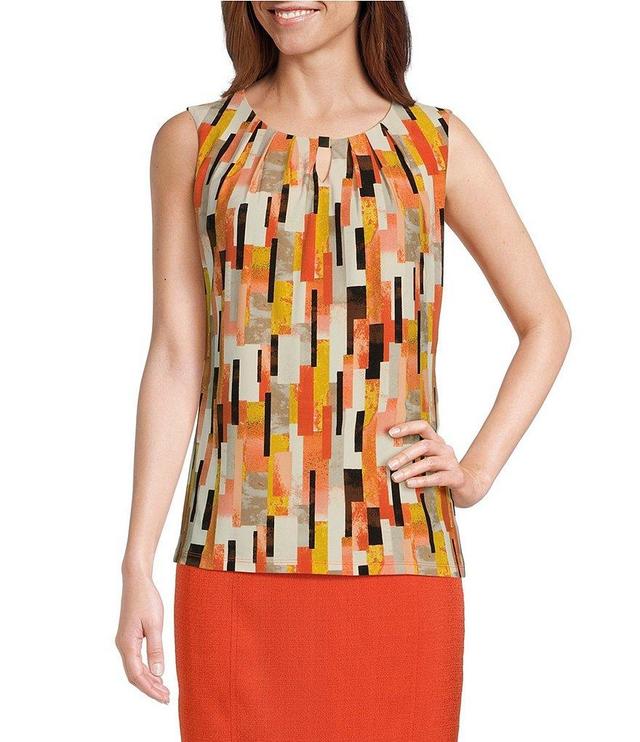 Kasper Printed Pleated Keyhole Crew Neckline Sleeveless Top Product Image