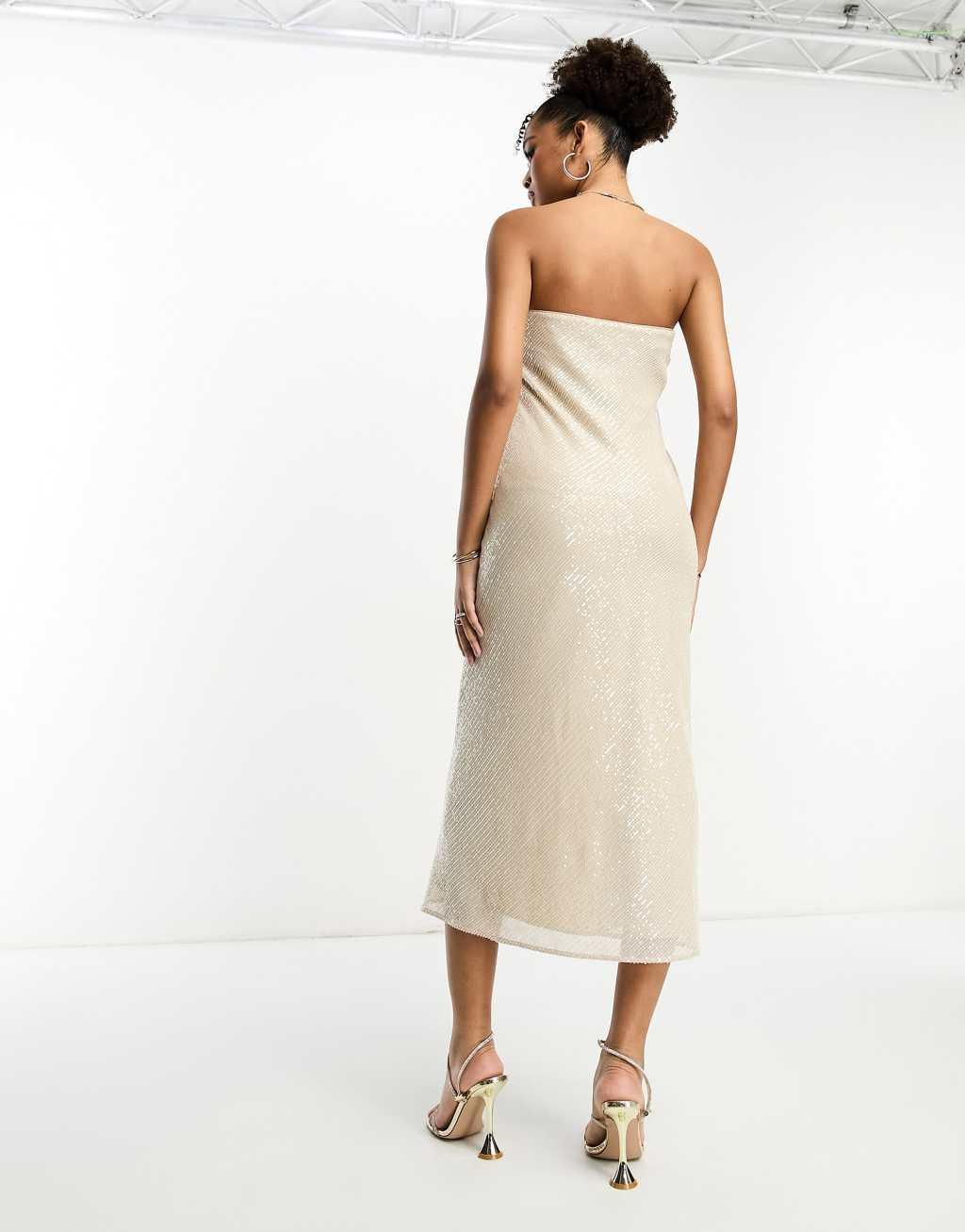 ASOS DESIGN embellished bandeau midi dress in allover sequin in stone  Product Image