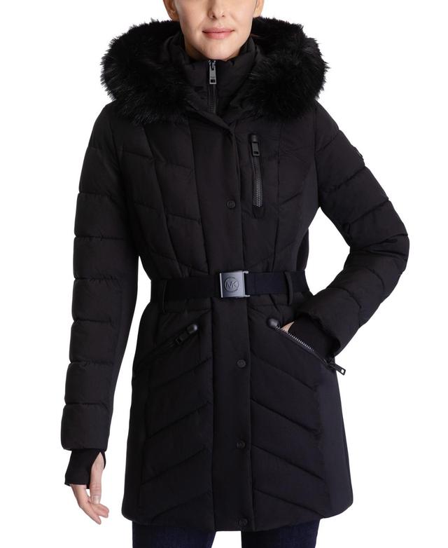 Michael Michael Kors Womens Belted Faux-Fur-Trim Hooded Puffer Coat Product Image