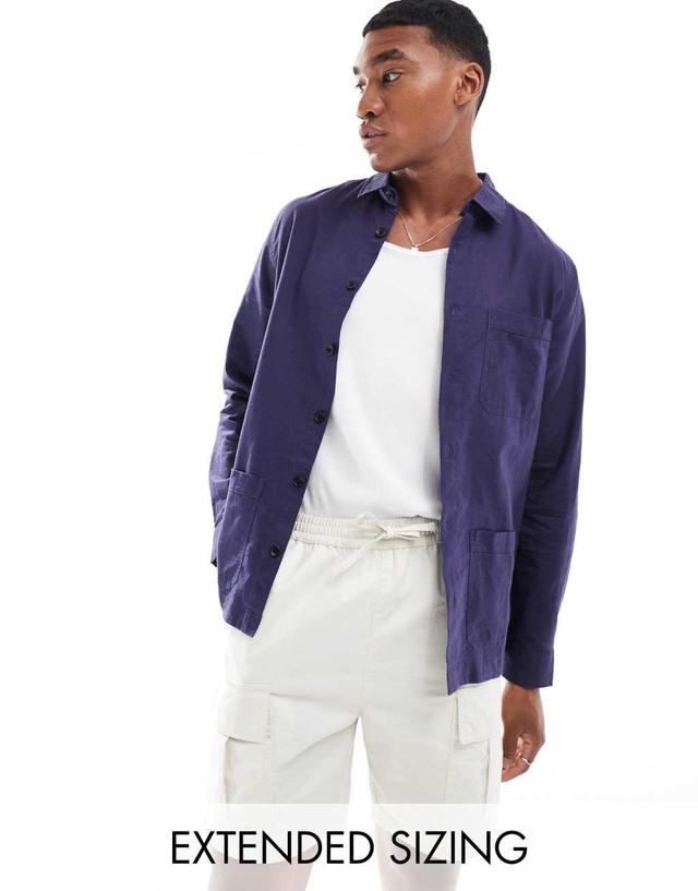 ASOS DESIGN linen blend overshirt in navy Product Image