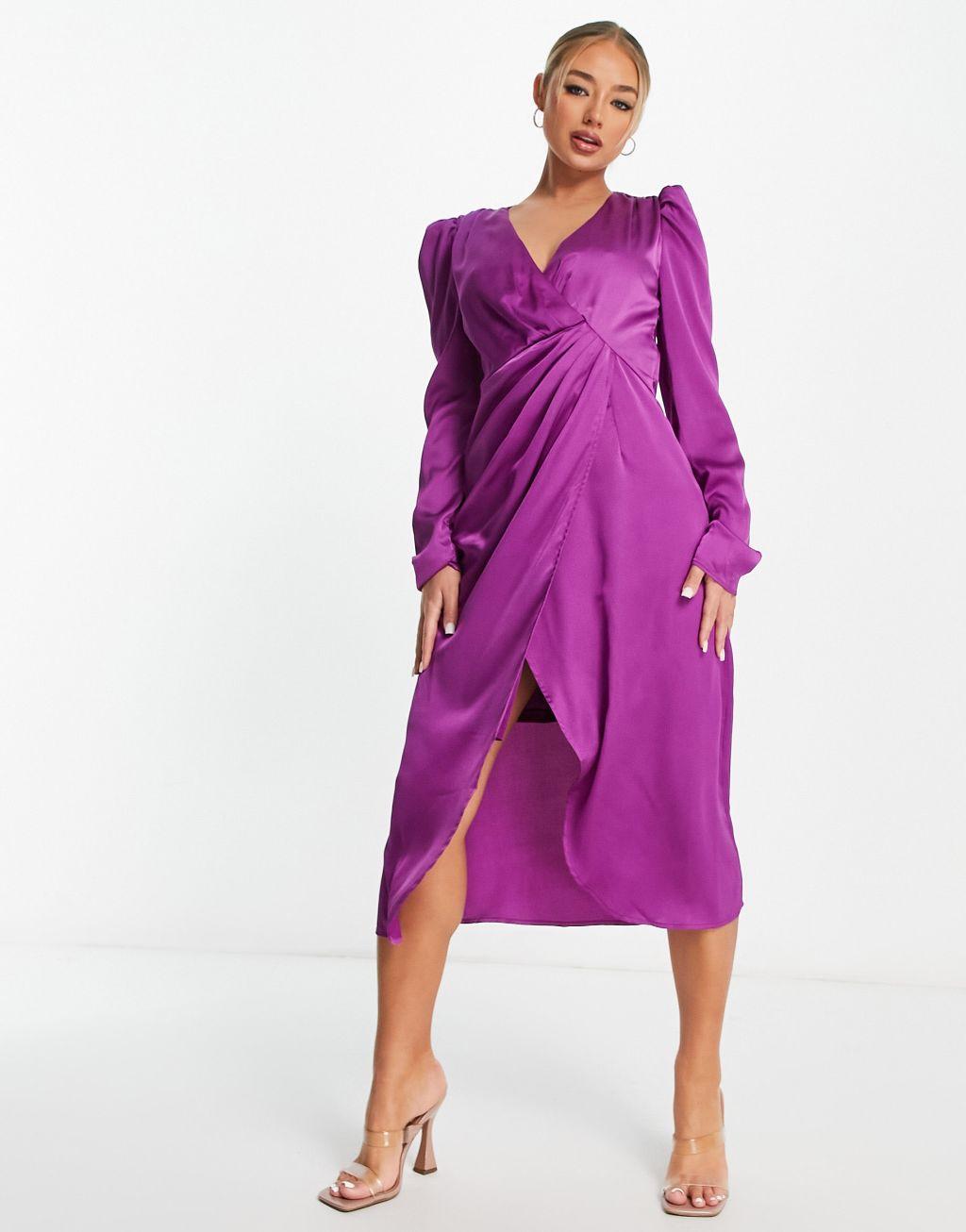 Liquorish Bridesmaids satin midi wrap top dress with wrap skirt Product Image