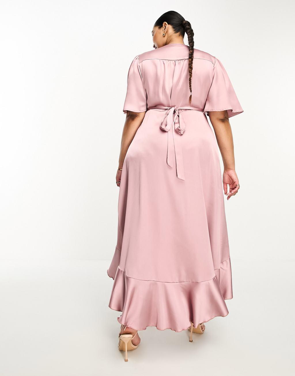 Flounce London Plus wrap front satin midi dress with flutter sleeves in heather rose Product Image