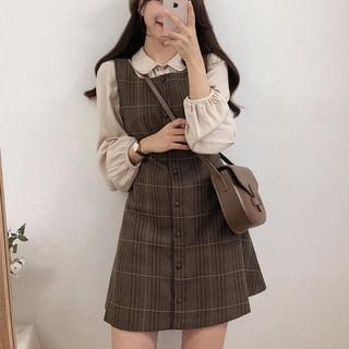 Long-Sleeve Blouse / Plaid Mini Buttoned Overall Dress Product Image