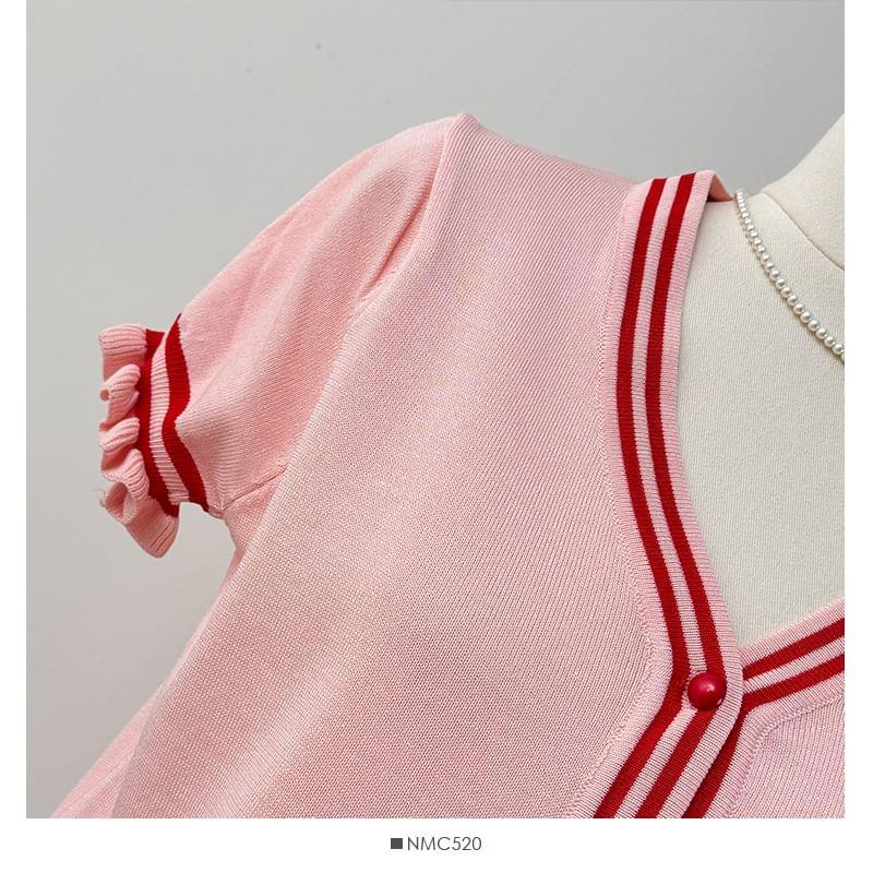 Set: Striped V-Neck Light Cardigan + High-Rise Pleated Mini Skirt Product Image