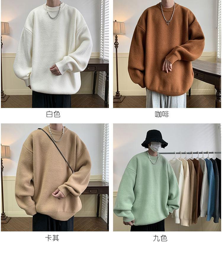 Long-Sleeve Crew Neck Plain Sweater Product Image