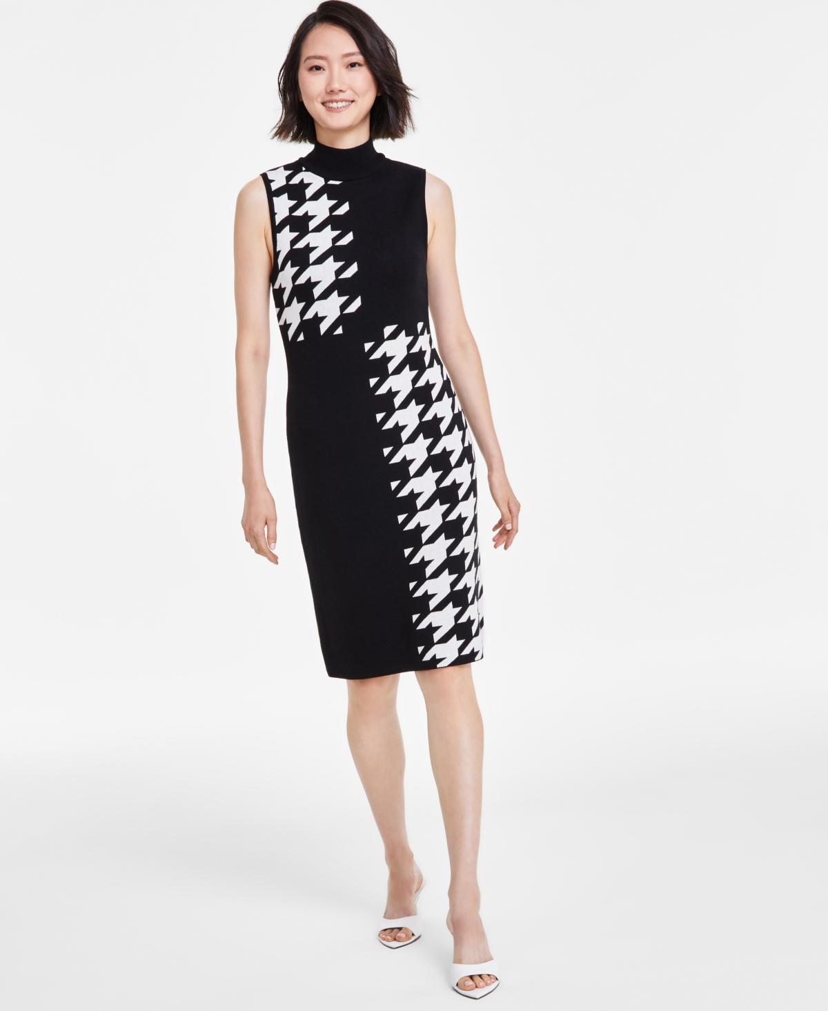 Anne Klein Womens Houndstooth Mock Neck Sleeveless Dress - Anne Black Product Image