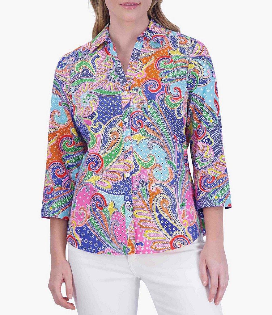 Foxcroft Mary Point Collar 3/4 Sleeve Multicolor Paisley Print Shirt Product Image