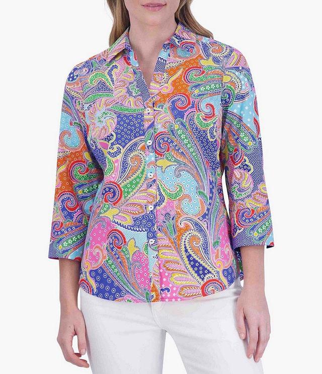 Foxcroft Mary Point Collar 3/4 Sleeve Multicolor Paisley Print Shirt Product Image