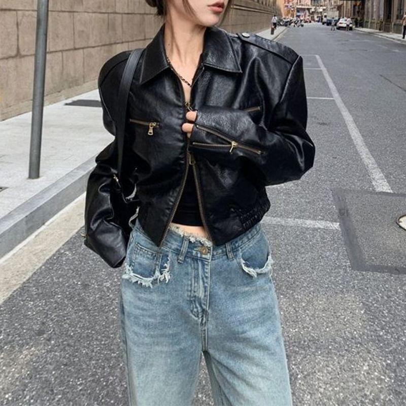 Lapel Collar Plain Faux Leather Cropped Zip Jacket Product Image