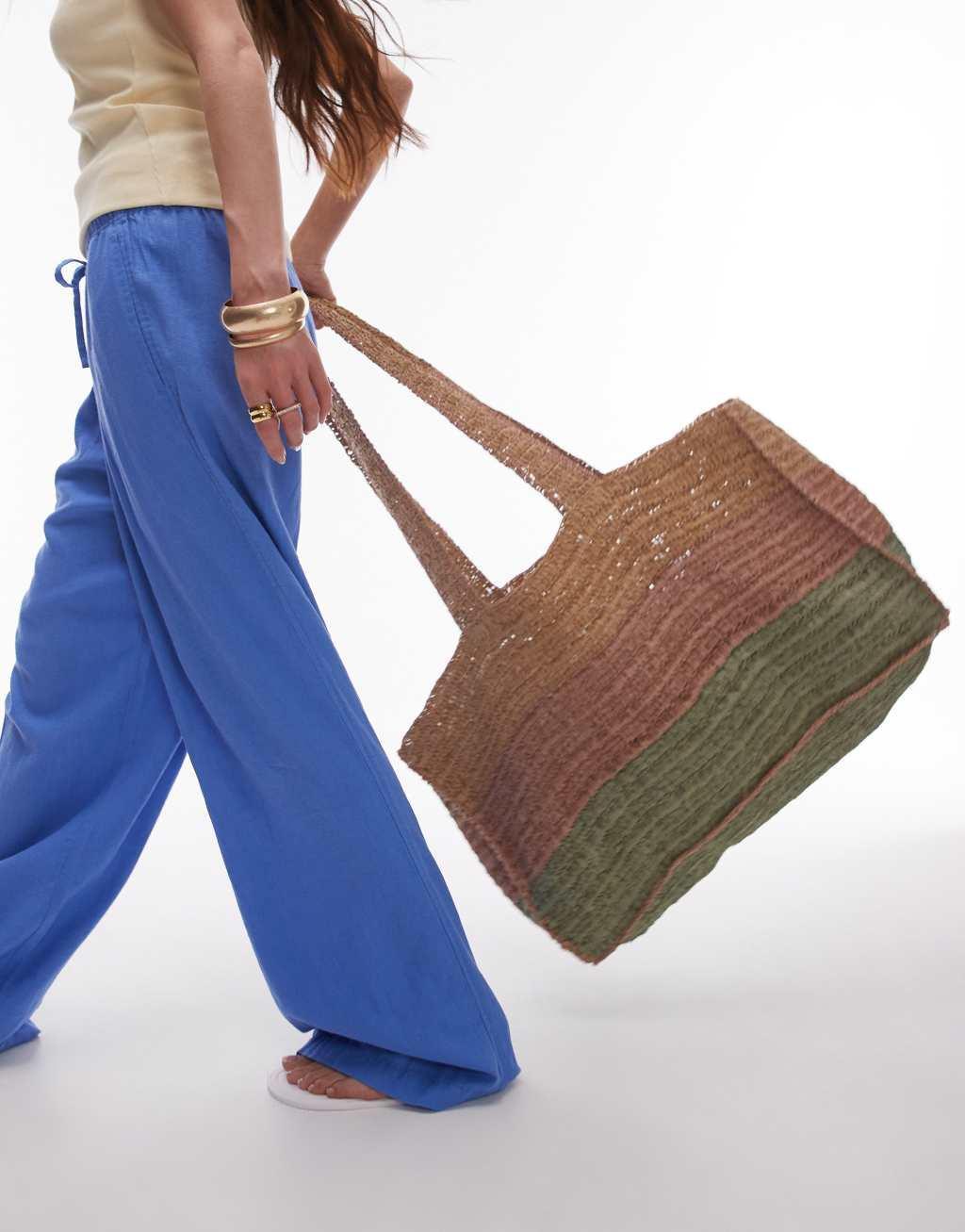 Topshop Tatum straw tote bag in khaki stripe Product Image