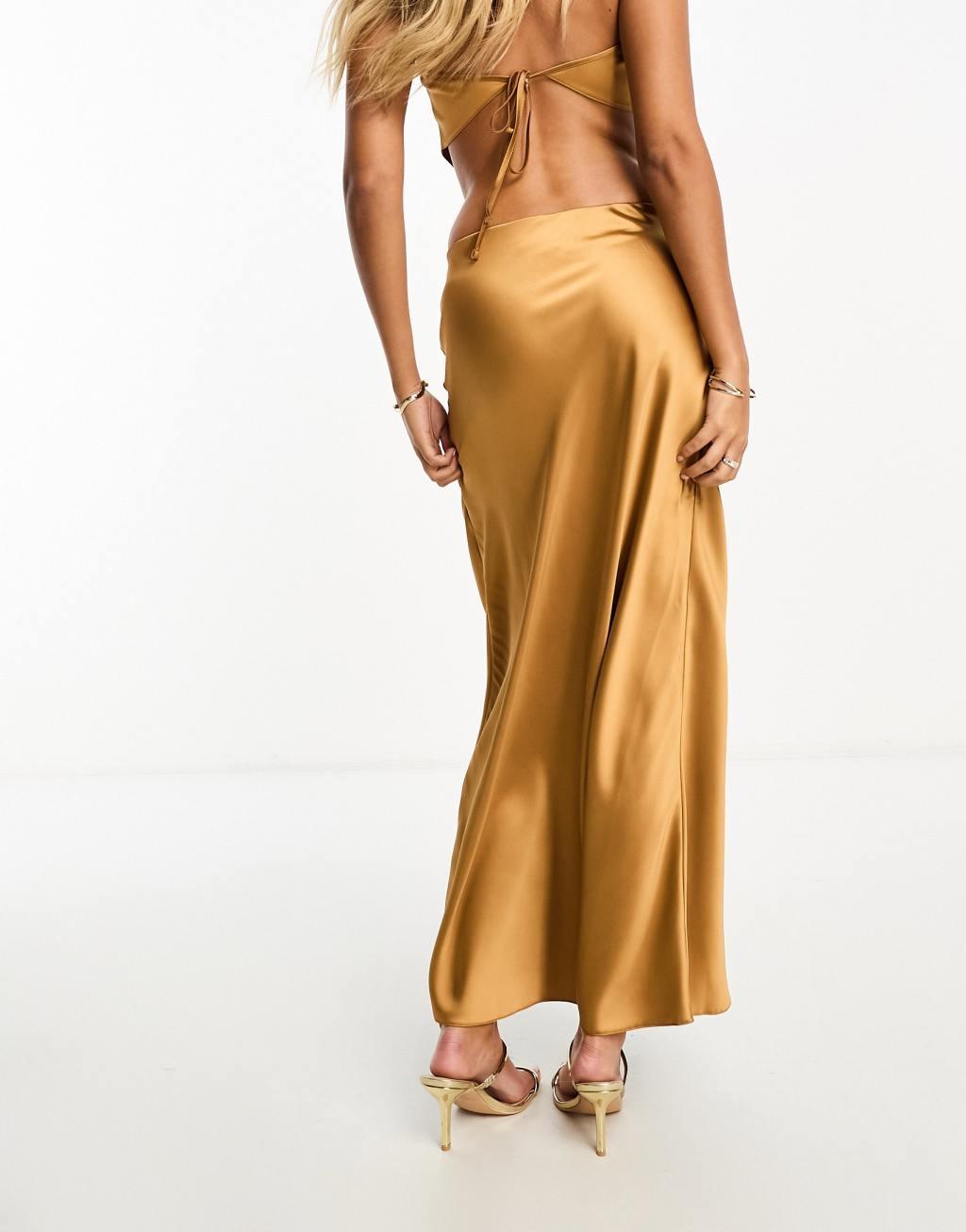 Miss Selfridge satin bias maxi skirt in gold - part of a set Product Image