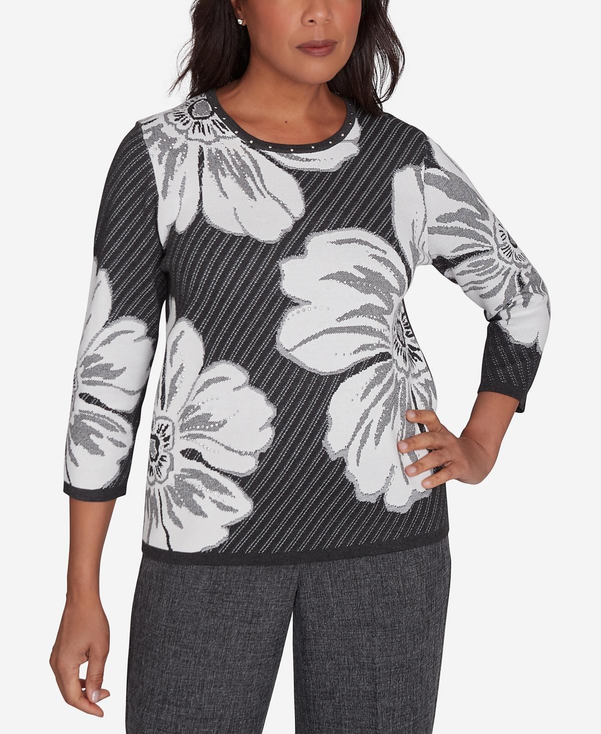 Womens Alfred Dunner Floral Textured Sweater Grey Product Image