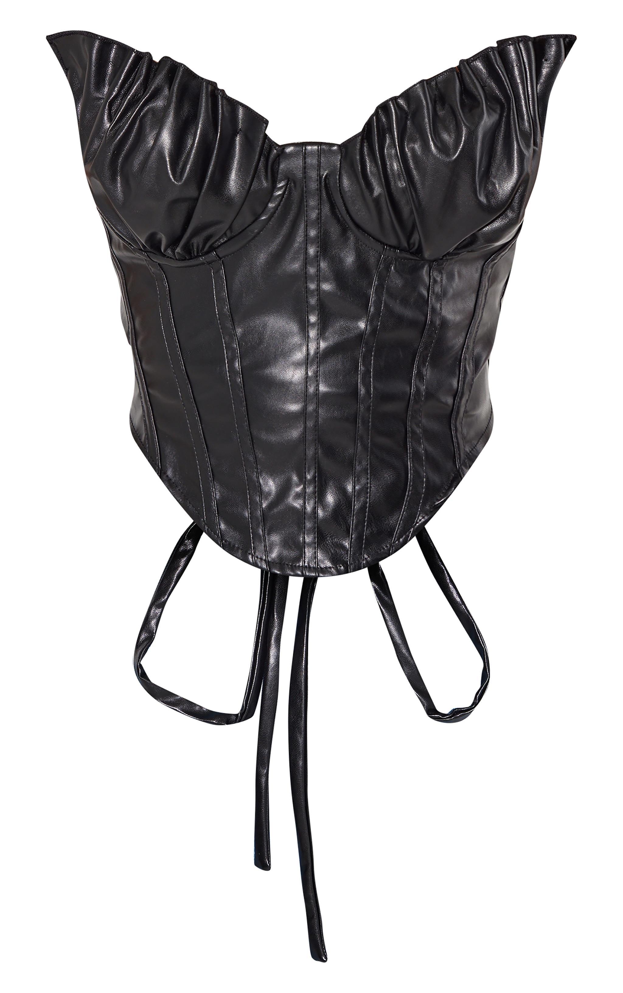 Shape Black Faux Leather Pleated Cup Lace Up Corset Product Image