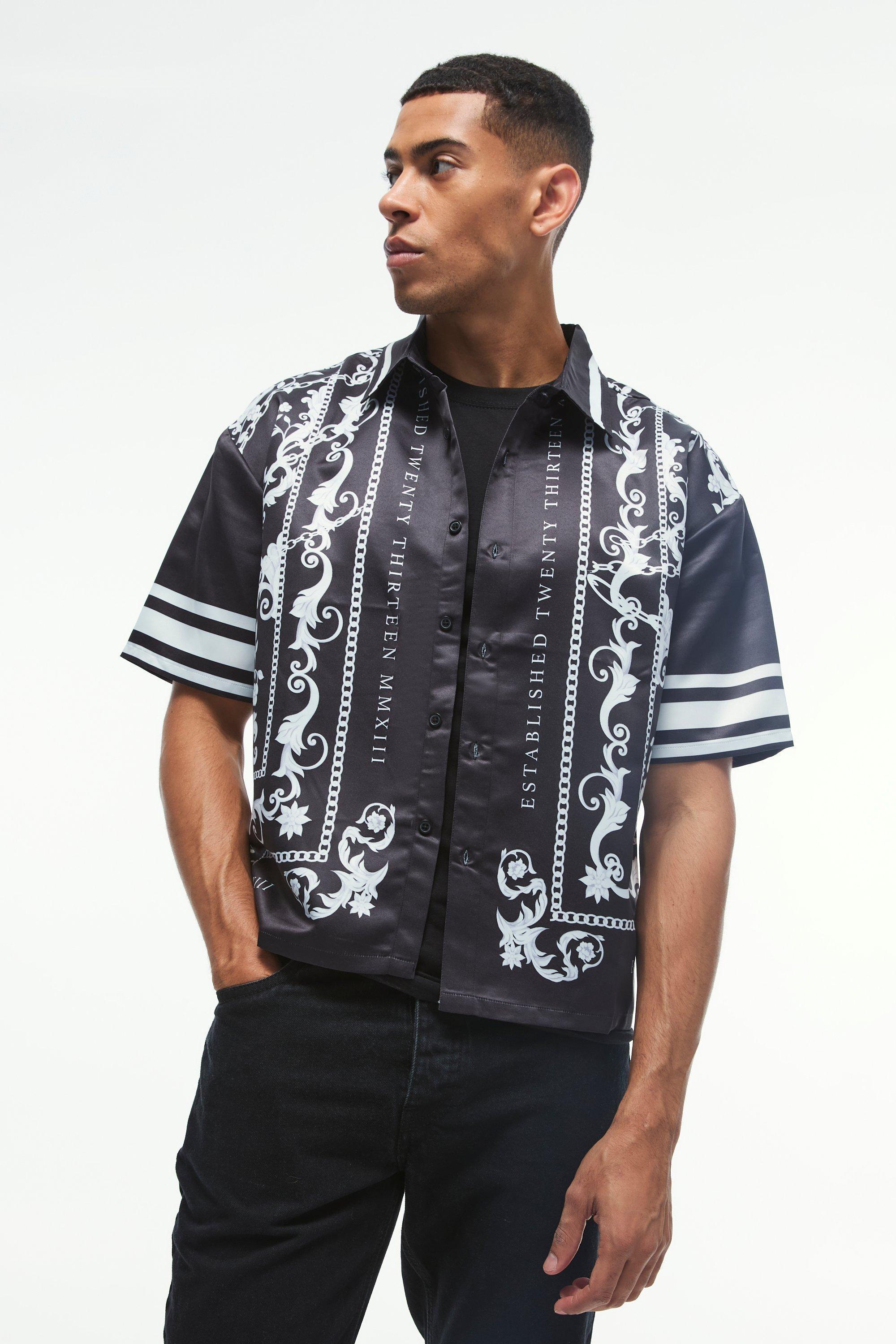 Oversized Satin Border Print Boxy Shirt | boohooMAN USA Product Image