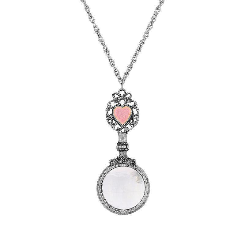 1928 Silver Tone Pink Crystal Heart Magnifying Glass Necklace, Womens Product Image